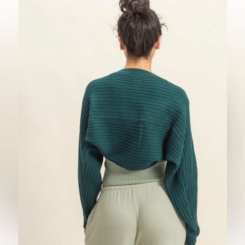 NEW Double Zero Green Ribbed Knit Cropped Bolero Cardigan Open Front Medium - Picture 5 of 5